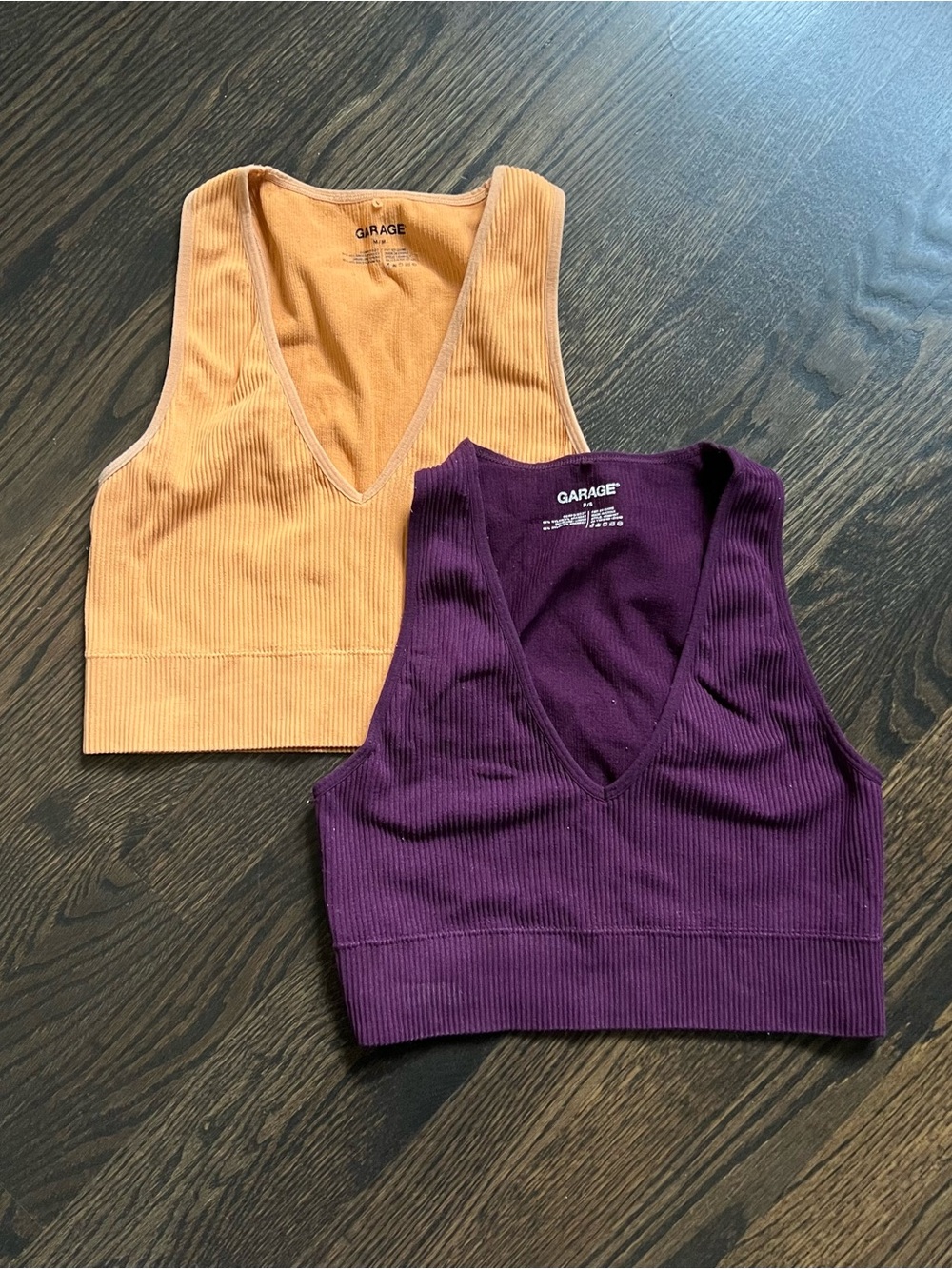 2 Garage Ribbed V-Neck Cropped Tank Tops - Purple & Orange